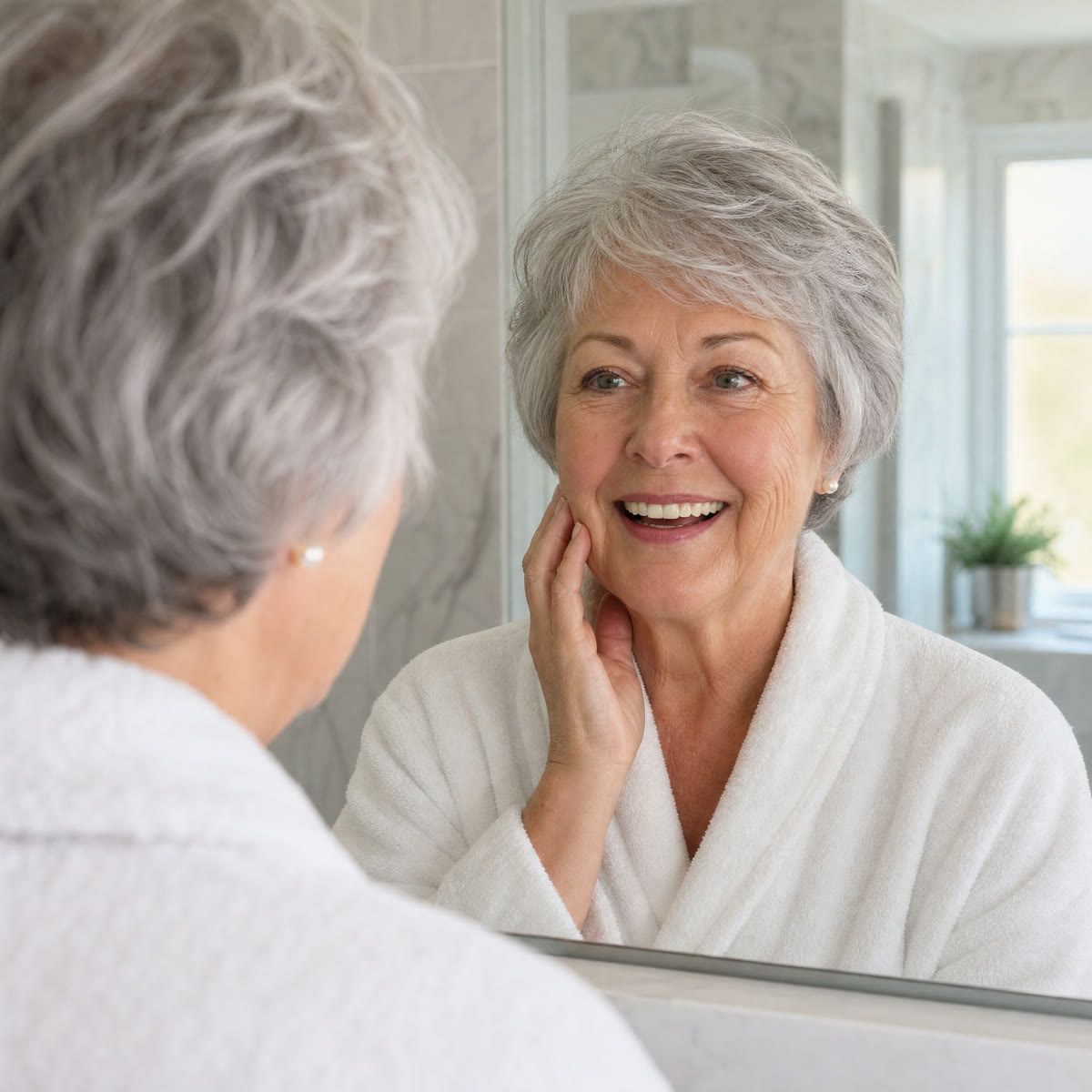 Smiling in the bathroom mirror