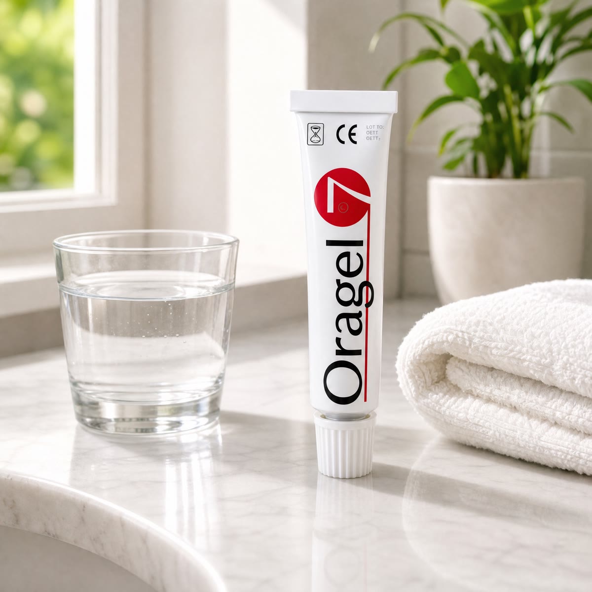 Oragel 7 on a bathroom counter