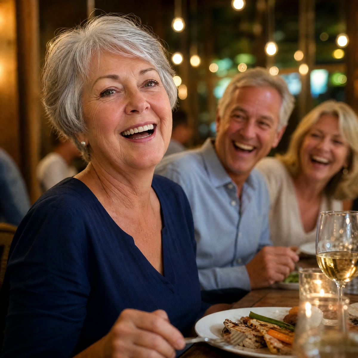Laughing at dinner with friends