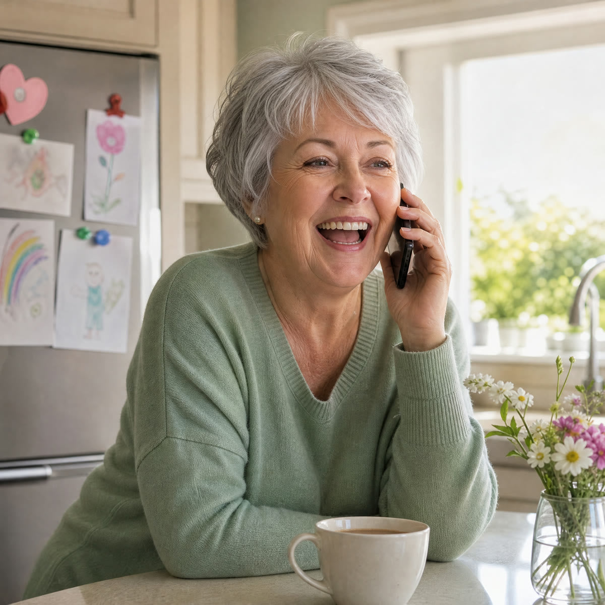 Laughing on the phone